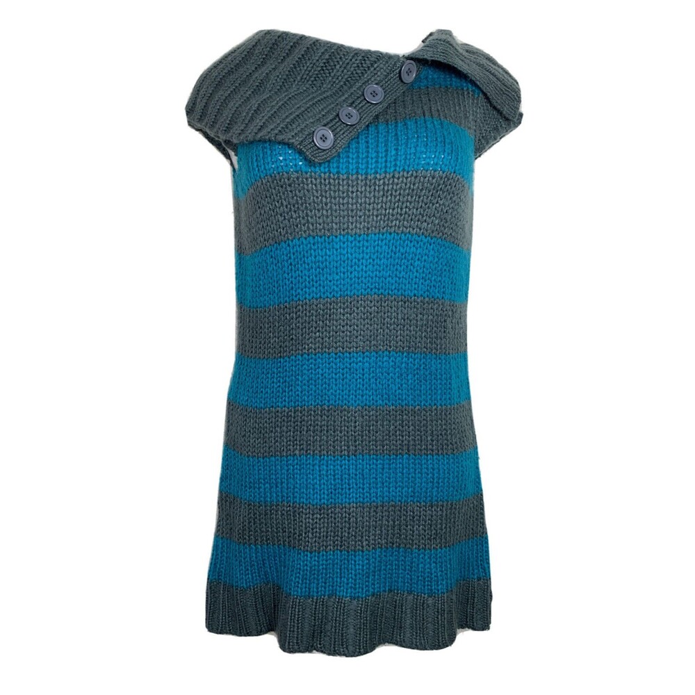 NEW JJ Basics Sweater Dress Chunky Knit Cowl Neck Short Sleeve Blue Gray Stripe